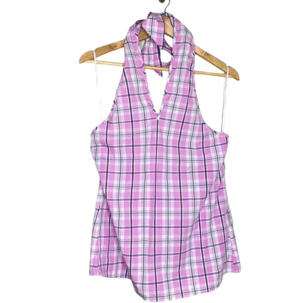 ✨NWT J. Crew Pink Violet Pastel Plaid Tie Neck Halter Top Size Small